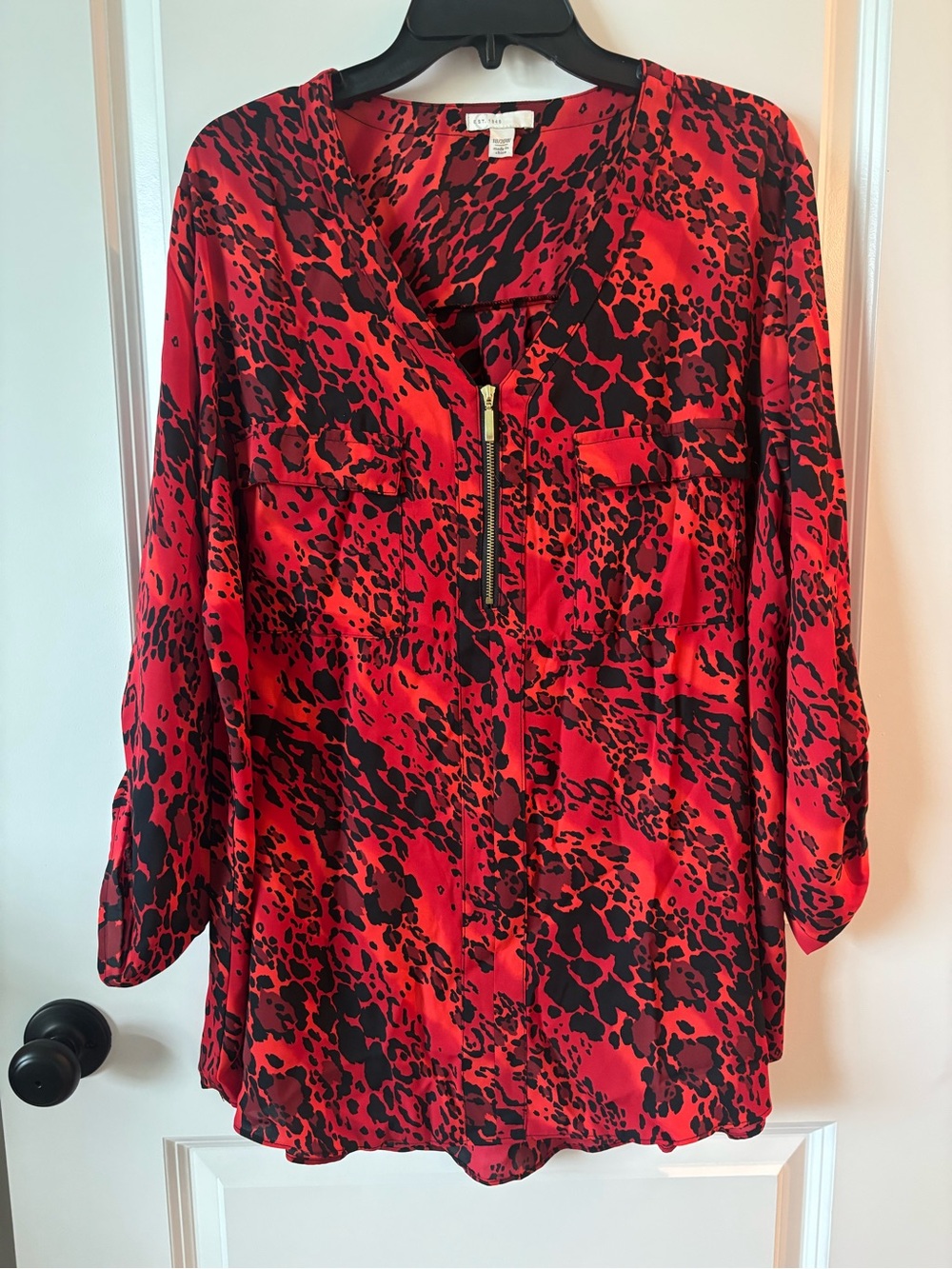 Red Black Leopard Print Zip Front Blouse Plus Size 18W 20W NWT